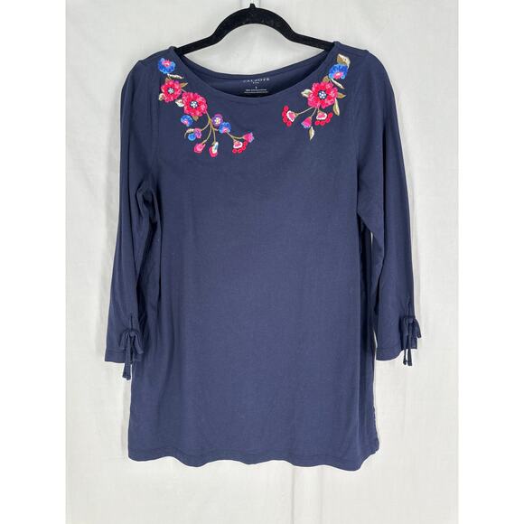 Talbots Top Womens Small Navy Blue Floral Embroidered Boho Cottage Tunic Cotton - Picture 5 of 8